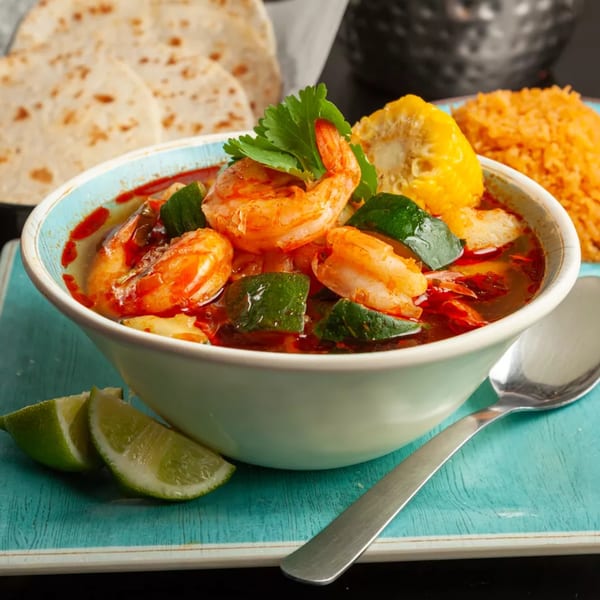 Shrimp soup with corn, zucchini, and cilantro, served with lime wedges, rice, and tortillas.