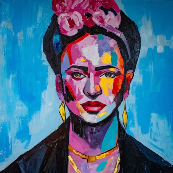 Colorful abstract painting of a woman with flowers in her hair, gold earrings, and a necklace.